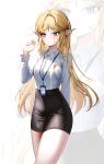  1girl absurdres alternate_costume black_skirt blonde_hair blue_eyes breasts cartethyia_(wuthering_waves) collared_shirt commentary earrings hand_up haru_12333 highres id_card jewelry lanyard long_hair long_sleeves looking_at_viewer medium_breasts multiple_earrings office_lady parted_bangs parted_lips pencil_skirt pointy_ears shirt shirt_tucked_in sidelocks skirt solo tacet_mark_(wuthering_waves) white_shirt wuthering_waves zoom_layer 