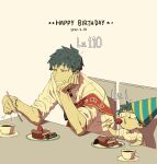  2boys absurdres brown_eyes cake cake_slice chibi chibi_only clone coffee commentary_request dated fate/grand_order fate_(series) fingernails food grey_hair happy_birthday hat highres kokujin_youhei level_difference looking_ahead male_focus multiple_boys party_hat plate red_sash saitou_hajime_(fate) sash shirt sitting translation_request white_shirt 