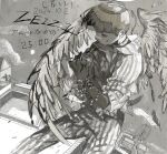  1girl 2024 absurdres angel angel_wings blood blood_on_hands bloody_wings commentary dated feathered_wings greyscale highres leizi_(vgpm7245) monochrome original short_hair solo star_(symbol) striped_clothes wings 