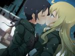  ahoge alcohol black_gloves black_hair blonde_hair blurry blush bottle chito_(shoujo_shuumatsu_ryokou) commentary_request depth_of_field duplicate fur_trim gloves holding_hands kiss military military_jacket military_uniform multiple_girls oshiza shoujo_shuumatsu_ryokou snow snowing uniform upper_body wine_bottle yuri yuuri_(shoujo_shuumatsu_ryokou) 