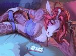  anthro bed bedroom blush blush_lines breast_squish breasts cellphone clothing electronics female furniture giraffe giraffid hi_res horn kumir legend_of_ahya lingerie mammal markings marle_talbender_(darkflamewolf) night_light ossicone pajamas pajamas_only phone pillow pinup plushie pose solo spots spotted_markings squish 