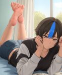  1girl :/ anklet ass bare_legs barefoot black_hair black_nails blue_shorts blue_streaks breasts brown_eyes collarbone commentary curtains english_commentary feet feet_up hair_between_eyes head_rest highres indoors jewelry legs long_sleeves looking_at_object lying manga_(object) medium_breasts nail_polish nihu on_bed on_stomach original reading shiragi_(nihu) short_hair short_shorts shorts single_hair_streak soles solo the_pose toe_ring toenail_polish toenails toes two-tone_shirt window 