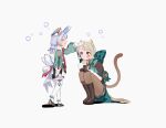  2girls animal_ear_fluff animal_ears aqua_bow aqua_hair aqua_jacket black_boots black_gloves black_shorts blonde_hair blue_hair blush boots bow brown_pantyhose cat_ears cat_girl cat_tail closed_mouth commentary_request facial_mark facing_another genshin_impact gloves gradient_hair hand_on_another's_head hat headpat highres jacket long_hair long_sleeves lynette_(genshin_impact) multicolored_hair multiple_girls nekorin_chu nurse_cap pantyhose puffy_long_sleeves puffy_sleeves purple_eyes red_bow shorts sigewinne_(genshin_impact) simple_background smile squatting star_(symbol) star_facial_mark tail white_background white_gloves white_hat white_pantyhose 