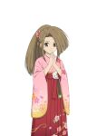  1girl artist_request brown_eyes brown_hair cowboy_shot floral_print floral_print_kimono fujibayashi_suzu furisode game_cg hair_ornament japanese_clothes kimono long_hair looking_at_viewer official_alternate_costume official_art own_hands_together pink_kimono ponytail print_kimono red_kimono smile solo standing tales_of_(series) tales_of_asteria tales_of_phantasia third-party_source transparent_background 