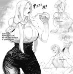 1girl apron artist_name breasts cooking deontayart food highres holding holding_food holding_pizza huge_breasts large_breasts long_hair mature_female monochrome naruto_(series) pizza pizza_slice signature solo tsunade_(naruto) twitter_username 
