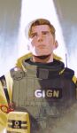  1boy blonde_hair blue_eyes bulletproof_vest closed_mouth commentary fangsheng_jixieshi gign green_eyes highres jacket lion_(rainbow_six_siege) looking_up male_focus medium_sideburns parted_hair rainbow_six_siege short_hair sideburns solo tears untranslatable_commentary upper_body yellow_jacket 