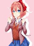  artist_name blue_eyes blue_skirt bow breasts bruise clenched_hands closed_mouth cowboy_shot dated doki_doki_literature_club flow_ech hair_between_eyes hair_bow hair_ornament injury looking_at_viewer medium_breasts outline pink_hair pleated_skirt red_bow rope_marks sayori_(doki_doki_literature_club) school_uniform short_hair simple_background skirt smile solo white_outline 