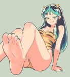  animal_print bare_legs bare_shoulders barefoot blush breasts cleavage clip_studio_paint_(medium) eyeliner feet foot_focus foot_out_of_frame green_eyeliner green_hair green_nails highres horns knees_together_feet_apart knees_up legs leotard looking_at_viewer lum makeup mamanooke medium_breasts naughty_face oni pointy_ears sidelocks sitting smile smirk soles tiger_print toes urusei_yatsura yellow_eyes yellow_horns yellow_leotard 