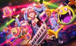  1boy :d arm_warmers black_gloves black_pants blue_arm_warmers blue_hood car claw_pose colorful_palette fangs fingerless_gloves game_cg gloves gradient_hair hibiku_twilight_parade_(project_sekai) highres instrument jewelry keytar looking_at_viewer male_focus motor_vehicle multicolored_hair necklace official_art orange_eyes orange_hair pants project_sekai shirt smile solo sparkle striped_arm_warmers striped_hood teeth tenma_tsukasa third-party_source tongue torn_clothes torn_pants upper_teeth_only white_shirt 