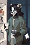 anthro appliance badger blur_(band) clothing container ear_piercing facial_piercing fangs female fridge green_clothing green_shirt green_topwear half-closed_eyes headoctopus hi_res holding_glass holding_object kitchen kitchen_appliance mammal milk milk_carton milk_container mustelid musteline narrowed_eyes night nose_piercing nose_ring open_fridge open_mouth oversized_clothing piercing ring_piercing shirt solo tasha_the_badger teeth tired topwear yawn
