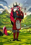 absurd_res anthro bagpipes black_body bottomwear bow_tie cinnameana cliff clothing detailed_background felid feline feline_demon footwear grass hat hazbin_hotel headgear headwear hellaverse hi_res husk_(hazbin_hotel) kilt landscape looking_away male mammal musical_instrument pattern_clothing plaid plaid_clothing plant playing_music road scotland scottish shoes socks solo sporran standing suit tail tam_o'_shanter wind_instrument wings woodwind_instrument yellow_eyes