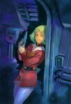  1980s_(style) 1990s_(style) 1girl 2003 belt blonde_hair commentary_request dated earth_federation gun gundam hallway handgun highres looking_at_viewer magazine_scan military_rank_insignia military_uniform mobile_suit_gundam mobile_suit_gundam_the_origin official_art painting_(medium) pants promotional_art retro_artstyle sayla_mass scan scene_reference science_fiction sign signature spacecraft_interior traditional_media warning_sign weapon white_base white_pants yasuhiko_yoshikazu 