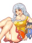  ass bangs bar_censor bare_legs bare_shoulders bdsm blush bondage bound bound_arms breasts censored cleavage collarbone dress eyebrows eyebrows_visible_through_hair fangs frilled_dress frills grey_hair hair_between_eyes hatchet head_tilt hekiga_(freelot) highres large_breasts legs legs_up long_hair looking_at_viewer multicolored multicolored_clothes multicolored_dress nose_hatchet open_mouth oriental_hatchet outline pink_outline red_eyes rope sakata_nemuno simple_background single_strap sitting slit_pupils solo sweat taut_clothes taut_dress teeth tied_up tongue touhou white_background 