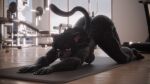 2026 3d_(artwork) 5_fingers annoad anthro ass_up big_breasts big_butt black_body black_fur black_hair blurred_background breasts butt casual_nudity claws day digital_media_(artwork) felid female fingers floor fur grey_eyes gym hair hi_res inside long_hair looking_at_viewer mammal markings muscular muscular_thighs nipples pantherine plantigrade shani_(annoad) solo spots spotted_body spotted_fur stretching tail thick_thighs whiskers wide_hips wood wood_floor