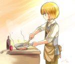  1boy androgynous apron armin_arlert blonde_hair blue_eyes bob_cut commentary_request cooking dress_shirt from_side frying_pan holding holding_pan ladle looking_down male_focus moxue_qianxi pants profile shingeki_no_kyojin shirt short_hair solo survey_corps_(emblem) vest 