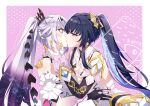  2girls ameyaki_arts armor bare_shoulders blue_eyes blue_hair blunt_bangs blush breast_press breasts cleavage collarbone colored_skin commission couple detached_collar earrings french_kiss from_side gradient_hair grey_hair hair_between_eyes hair_intakes hair_ornament hand_on_another's_head high_ponytail honkai_(series) honkai_impact_3rd imminent_kiss jewelry kiana_kaslana kiana_kaslana_(herrscher_of_finality) kiss large_breasts leaning_forward looking_at_another multicolored_hair multicolored_skin multiple_girls official_alternate_costume pink_background ponytail purple_eyes raiden_mei raiden_mei_(herrscher_of_origin) star-shaped_pupils star_(symbol) suit symbol-shaped_pupils two-tone_hair upper_body watermark wide-eyed yuri 