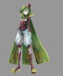  androgynous arms_at_sides boots cape full_body gen_7_pokemon green_cape green_hair grey_background hat high_heel_boots high_heels knee_boots looking_at_viewer pale_skin personification pokemon red_eyes red_footwear short_hair solo standing tsareena yeah_m 