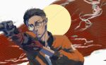  1boy black_hair bomber_jacket buzz_cut disco_elysium facial_hair glasses gloves gun handgun highres holding holding_gun holding_weapon jacket jidianfan kim_kitsuragi male_focus mustache_stubble orange_eyes orange_gloves orange_jacket painterly parted_lips round_eyewear serious shirt short_hair solo stubble sun_behind_head upper_body very_short_hair weapon white_shirt 