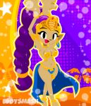  1girl armlet arms_up artist_name braid breasts commentary dancer_shantae dark-skinned_female dark_skin eddysmash2407 english_commentary full_body gold_armlet highres jewelry long_hair looking_at_viewer navel pointy_ears purple_hair satin_clothes shantae shantae_(series) shantae_and_the_pirate's_curse single_braid solo star_(symbol) very_long_hair watermark 