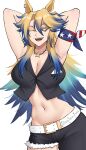  1girl absurdres american_flag american_flag_print animal_ears arms_behind_head asymmetrical_pants bandana_around_arm bare_shoulders belt black_pants black_shirt blonde_hair blue_eyes blue_hair breasts cleavage collarbone cowboy_shot cutoffs english_commentary flag_print highres horse_ears horse_girl jewelry large_breasts long_hair looking_at_viewer midriff multicolored_hair navel necklace obey_your_master_(umamusume) obosounds one_eye_closed open_mouth pants shirt simple_background sleeveless sleeveless_shirt smile solo standing star-shaped_pupils star_(symbol) star_necklace stomach symbol-shaped_pupils teeth two-tone_hair umamusume umamusume:_cinderella_gray upper_teeth_only white_background white_belt 