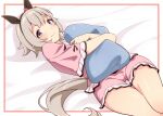  1girl animal_ears black_hairband blush bow closed_mouth commentary_request curren_chan_(umamusume) ear_bow ear_covers grey_hair hair_between_eyes hairband highres horse_ears horse_girl horse_tail hugging_object lying motsutoko on_back pajamas pillow pillow_hug pink_pajamas pink_shirt pink_shorts purple_eyes red_bow shirt short_hair short_sleeves shorts smile solo tail thighs umamusume 