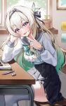  1girl absurdres blush bow classroom commentary_request desk eraser firefly_(honkai:_star_rail) firefly_(spring_missive)_(honkai:_star_rail) gradient_hair green_bow green_hair green_nails grey_skirt hair_between_eyes hair_ornament haru_12333 highres honkai:_star_rail honkai_(series) indoors looking_at_viewer multicolored_hair notebook open_mouth plaid_clothes plaid_skirt purple_eyes school_desk school_uniform serafuku sitting skirt smile solo thick_thighs thighhighs thighs white_thighhighs zettai_ryouiki 