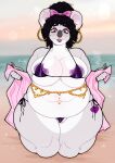 2024 accessory anthro areola beach belly big_breasts bikini bikini_bottom bikini_top black_bikini black_clothing black_eyebrows black_hair black_swimwear blush bow_ribbon breasts brown_eyes claws clothing colored digital_drawing_(artwork) digital_media_(artwork) ear_piercing eyebrows facial_piercing female front_view fur genitals grey_body grey_claws grey_fur grey_nose hair hair_accessory hair_bow hair_ribbon heart_(marking) hi_res holding_object holding_towel kneeling koala lips looking_down mammal markings marsupial navel nipple_piercing nipples nose_piercing on_ground outside overweight piercing pink_bow pink_towel purple_areola purple_eyelids purple_lips ribbons round_ears sea solo swimwear szaris thick_thighs towel two-piece_swimsuit vombatiform vulva water white_body white_fur