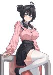  1girl against_railing ahoge aningay black_hair black_ribbon black_shoes black_skirt blue_eyes breasts commentary_request double_bun eyebrows_hidden_by_hair from_side hair_bun heart heart_ahoge highres jacket jirai_kei korean_commentary large_breasts looking_at_viewer medium_hair open_mouth original pink_jacket railing ribbon shirt shoes simple_background skirt smile solo standing standing_on_one_leg teeth thighhighs white_background white_shirt white_thighhighs 