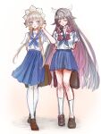  2girls alternate_costume black_hair blue_eyes blue_neckerchief blue_sailor_collar blue_skirt blush bonnet bow brown_hair closed_eyes columbina_(genshin_impact) commentary genshin_impact hair_bow hair_ornament headdress highres long_hair multicolored_hair multiple_girls neckerchief open_mouth pleated_skirt purple_hair purple_streaks ribbon saba_oekaki sailor_collar sandrone_(genshin_impact) school_uniform serafuku shirt short_hair_with_long_locks short_sleeves simple_background skirt smile socks streaked_hair two-tone_hair very_long_hair white_background white_headdress white_shirt 