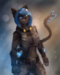  2017 5_fingers anthro belt black_nose blue_eyes blue_hair blurred_background cat clothed clothing cyber feline female fully_clothed grey_background hair heterochromia hettie looking_at_viewer machine mammal military punk robot sharp_teeth simple_background smile solo standing teeth trouser yellow_eyes 