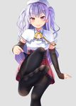  ajax_(azur_lane) azur_lane bangs beret black_legwear commentary_request detached_sleeves eyebrows_visible_through_hair feet fine_fabric_emphasis grey_background gurande_(g-size) hair_ornament hairclip hat high-waist_skirt highres long_sleeves looking_at_viewer no_shoes pantyhose parted_lips plaid plaid_skirt pleated_skirt purple_eyes purple_hair red_skirt shirt simple_background sitting skirt sleeves_past_wrists smile soles solo two_side_up white_hat white_shirt 