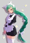  1girl absurdres apron black_romper blunt_bangs bow bowtie braid braided_ponytail brown_eyes closed_mouth commentary_request datsu_ri flower green_hair highres lebanne_(pokemon) long_braid long_hair long_sleeves maid maid_apron maid_headdress mega_stone pokemon pokemon_legends:_z-a puffy_sleeves romper solo thighhighs tsurime white_bow white_bowtie white_thighhighs 