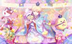  1boy :d blonde_hair blurry bokeh colorful_palette confetti depth_of_field game_cg gradient_hair hair_between_eyes highres holding japanese_clothes male_focus multicolored_hair official_alternate_costume official_art orange_eyes orange_hair project_sekai smile solo sparkle star_(symbol) tenma-sanchi_no_hinamatsuri_(project_sekai) tenma_tsukasa third-party_source tongue winged_unicorn 