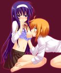  arisa_bannings barefoot blush bra breast_sucking breasts feet hand_to_own_mouth lingerie lyrical_nanoha mahou_shoujo_lyrical_nanoha_strikers medium_breasts multiple_girls saki_chisuzu tsukimura_suzuka underwear yuri 