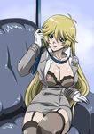  areolae blonde_hair blue_eyes bra breasts garters gloves large_breasts lingerie long_hair nipples open_clothes open_shirt sherry_leblanc shirt solo straw_(yokubou_hiroba) thighhighs underwear yuu-gi-ou yuu-gi-ou_5d's 