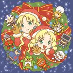  2girls age_difference artist_request blonde_hair blush character_request christmas coat earrings fur_collar fur_trim gloves kalinka_cossack looking_at_viewer multiple_girls over-1_(rockman) pharaoh_man_(rockman) ribbon rockman rockman_(classic) rockman_4 rockman_xover santa_costume santa_hat smile snow snowflakes stars 