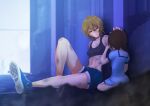  2girls alley black_sports_bra blonde_hair blue_dress blue_shoes blue_shorts brown_hair bruise bruise_on_face bruise_on_leg bruise_on_shoulder bruise_on_stomach child commentary_request crying cuts dress headpat highres injury kiritachi_kuu kuthird346 multiple_girls narrow_waist original sailor_dress shoes short_dress short_shorts shorts skinny sneakers sports_bra yellow_eyes 