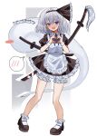  1girl alternate_costume apron black_hairband bloomers blue_bow blue_bowtie bow bowtie brown_dress brown_shoes commentary_request dress enmaided frilled_dress frills full_body hairband heart heart_hands highres hitodama katana konpaku_youmu konpaku_youmu_(ghost) maid maid_apron mary_janes multiple_swords puffy_short_sleeves puffy_sleeves sheath sheathed shoes short_sleeves socks solo sword touhou ussame weapon white_apron white_bloomers white_socks wrist_cuffs 