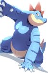 2026 2:3 3_toes 5_fingers ambiguous_anthro ambiguous_gender anthro arm_support blue_body blue_scales blue_tail claw_toes claws crocodilian dutch_angle feet feraligatr finger_claws fingers generation_2_pokemon head_crest hi_res light lighting looking_at_viewer multicolored_body multicolored_scales nintendo pokemon pokemon_(species) pupils red_body red_scales reptile rumine scales scalie semi-anthro shaded shadow simple_background slit_pupils snout solo standing tail teeth toes white_background white_claws yellow_body yellow_eyes yellow_scales