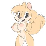  2017 anthro bangs big_breasts black_eyes breasts buckteeth digital_media_(artwork) female fur hair inverted_nipples looking_at_viewer mammal midriff navel nipples nude open_mouth pussy rodent simple_background smile solo squirrel standing tan_fur teeth tongue white_background xylas 