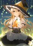  1girl absurdres adapted_costume apron ascot black_skirt blonde_hair bow braid brooch closed_mouth collared_shirt commentary_request earrings frilled_bow frills gloves hair_bow hat hat_bow highres jewelry kirisame_marisa long_hair looking_at_viewer orange_bow shirt side_braid single_braid skirt smile solo star_(symbol) tilly_ira_10 touhou white_bow white_gloves white_shirt witch_hat yellow_ascot yellow_eyes 