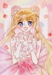  1girl arm_warmers back_bow bare_shoulders beads blonde_hair blue_eyes blush_stickers border bow bowtie cherry chinese_commentary clenched_hands commentary_request cone_hair_bun cowboy_shot double_bun dreamtime_bestowed_(infinity_nikki) dress eyelashes food food-themed_background frilled_arm_warmers frills fruit grin hair_bow hair_bun hair_ornament hair_ribbon happy heart heart_hair_ornament highres infinity_nikki large_bow light_particles lipstick long_hair long_sidelocks looking_at_viewer macaron makeup neck_ribbon nikki_(series) outline outside_border parted_bangs pink_arm_warmers pink_border pink_bow pink_bowtie pink_dress pink_outline pink_ribbon rainbow red_lips ribbon ribbon_earrings shanfengzhu sidelocks sleeveless sleeveless_dress smile solo spaghetti_strap standing straight-on strawberry very_long_hair wavy_hair white_background wrist_bow 