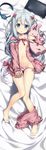  absurdres barefoot bed_sheet blue_eyes blush bow bow_panties breasts cleavage collarbone dakimakura dress_shirt eromanga_sensei eyebrows_visible_through_hair from_above fujima_takuya full_body hair_between_eyes hair_bow headphones headphones_removed highres huge_filesize izumi_sagiri long_hair looking_at_viewer lying midriff navel nipples on_back open_clothes open_mouth open_shirt panties panty_pull pink_bow pink_panties pink_shirt pink_shorts scan shirt short_shorts shorts shorts_around_one_leg side-tie_panties silver_hair small_breasts solo stomach underwear very_long_hair 