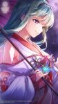  1girl bare_shoulders bell black_hairband blurry blurry_background bow breasts closed_mouth copyright_name copyright_notice eyelashes floating_hair from_side glint green_hair hair_intakes hairband hands_up heaven_burns_red highres holding holding_umbrella japanese_clothes jingle_bell kimono large_breasts long_hair long_sleeves looking_down murofushi_risa murofushi_risa_(tonight_under_the_cherry_blossoms'_brilliance) nontraditional_miko official_alternate_costume official_alternate_hairstyle official_art official_wallpaper oil-paper_umbrella pinky_out purple_eyes red_bow red_sash red_umbrella red_wrist_cuffs sash sidelocks smile solo swept_bangs tassel umbrella upper_body white_kimono wide_sleeves wrist_cuffs 