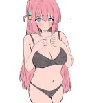  ... 1girl absurdres ahoge armpit_crease black_bra black_panties blue_eyes blush bocchi_the_rock! bra breasts cleavage closed_mouth collarbone cowboy_shot cube_hair_ornament gotoh_hitori hair_between_eyes hair_ornament hands_on_own_chest highres large_breasts looking_at_viewer navel panties pink_hair simple_background solo sunya_(honorin-yuunibo) underwear white_background 