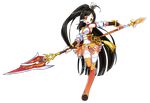  :d absurdres ahoge ara_han black_hair detached_sleeves elsword eyeshadow fox_hair_ornament full_body hair_ornament hair_stick half_updo highres holding holding_spear holding_weapon little_xia_(elsword) long_hair looking_at_viewer makeup official_art open_mouth orange_eyes orange_legwear orange_skirt polearm ponytail sando_(artist) skirt smile solo spear standing standing_on_one_leg tassel thighhighs transparent_background weapon zettai_ryouiki 