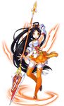  absurdres ara_han black_hair breasts detached_sleeves elsword eyeshadow full_body highres holding holding_spear holding_weapon large_breasts little_xia_(elsword) long_hair looking_at_viewer makeup official_art orange_legwear orange_skirt polearm sando_(artist) skirt smile solo spear tassel thighhighs transparent_background weapon yellow_eyes zettai_ryouiki 