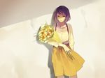  bangs bouquet collared_shirt commentary cowboy_shot dress_shirt flower holding long_sleeves looking_at_viewer lowe_(slow) original purple_eyes purple_hair shirt short_hair skirt solo standing suspender_skirt suspenders white_shirt wing_collar yellow_skirt 