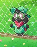  1boy :3 absurdres animal_ears barefoot blush_stickers chain-link_fence commentary deltarune fence flower furry furry_male grass green-framed_eyewear green_hat hat highres itsgerdew long_sleeves male_focus mini_person miniboy pink_scarf ralsei ralsei_(hat) round_eyewear scarf solo untranslatable_commentary utdr_(toby_fox) white_eyes 