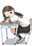  absurdres black_legwear black_skirt brown_eyes brown_hair chair closed_mouth commentary_request crossed_arms desk from_side highres karakai_jouzu_no_takagi-san kneehighs long_hair looking_at_viewer neckerchief pleated_skirt school_chair school_uniform serafuku shoes simple_background sitting skirt smile solo takagi-san uwabaki white_background yamamoto_souichirou 